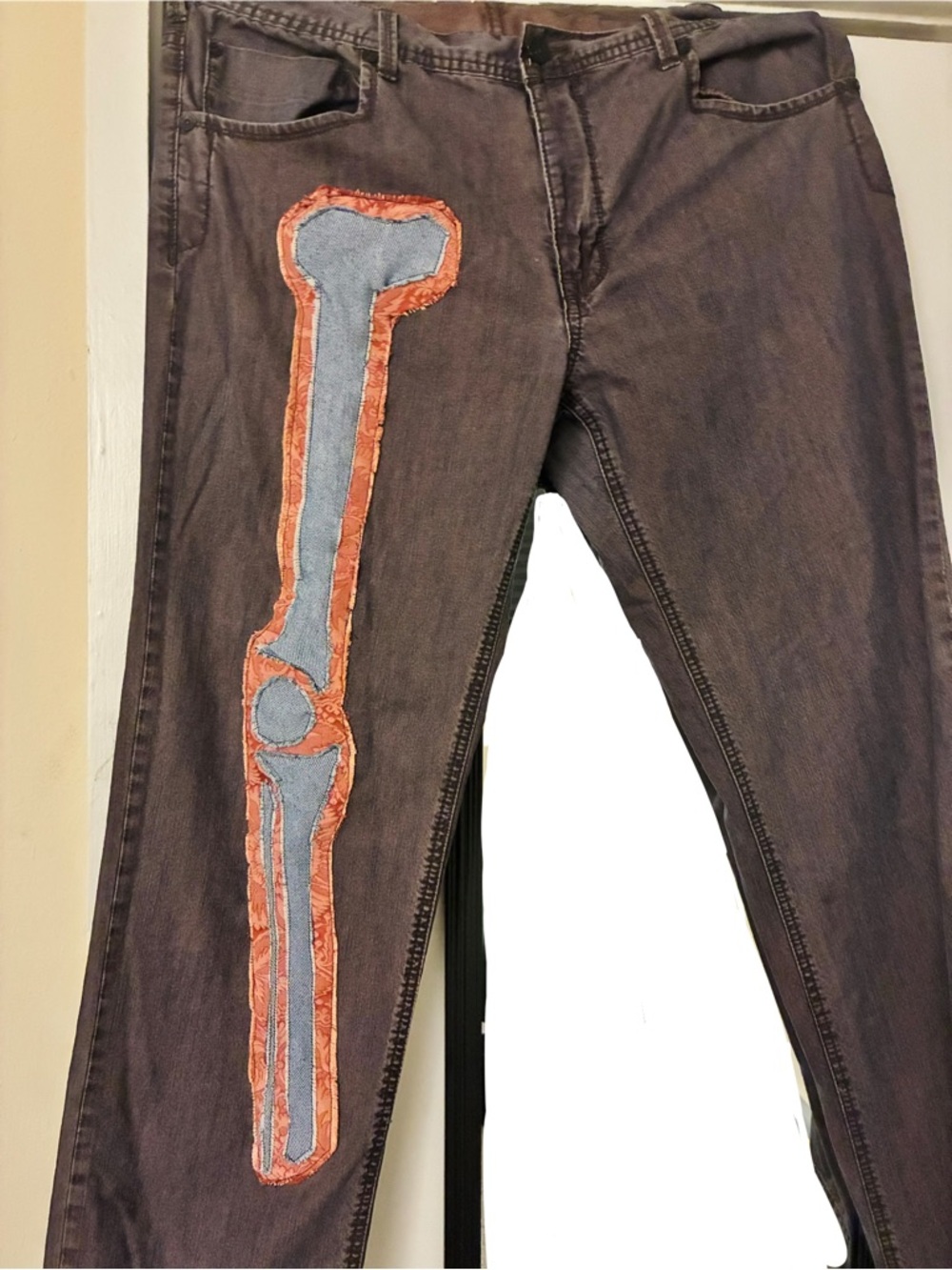 DKNY Straight-Leg Purple Jeans with Pink and Denim Patterned Skeleton Leg Patch